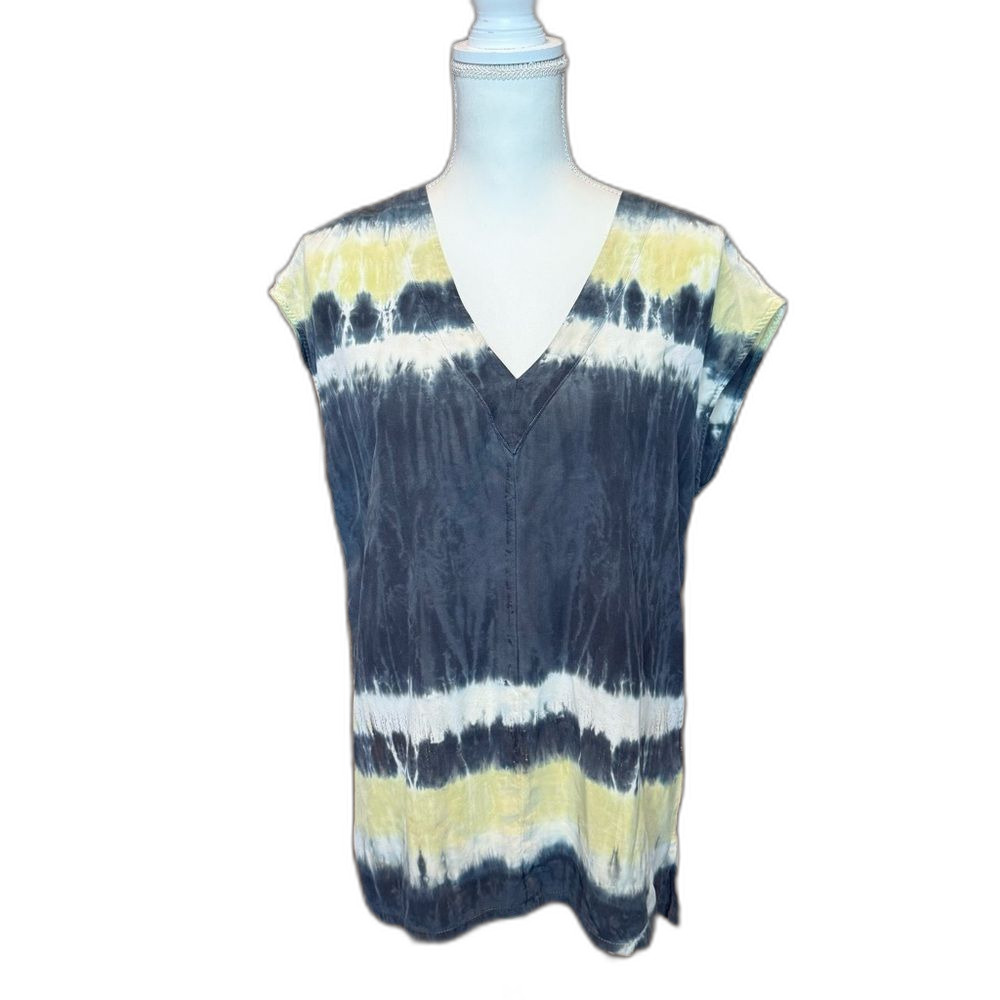 Gypsy 05 Silk Tie Die Short Sleeve Top Blouse Size Medium Gray Yellow White Gold